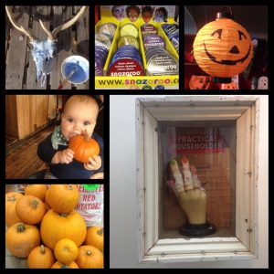 Peroxide-ing a skull, Snazaroo Face paint from £3.99 & Light-up Paper Lantern £2.50 both Adams of Rye, Baby Luna enjoying the decor at The Ship, Pumpkins at Johnson's Fruiterer's 99p per kilo, Severed Hand by Peter Quinnell at Rye Art Gallery