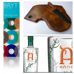 Bryt Skincare range for her & him, Board and Bowl serving board, made in East Sussex, Anno Gin, made in Kent all at the Midwinter Fair