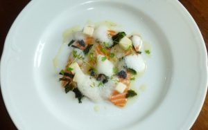 Scallop and salmon carpaccio, with pear and lime dressing and seaweed, as served by Paul Webbe
