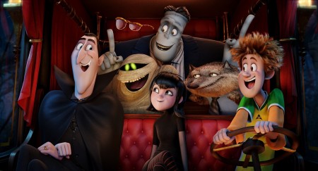 EXCLUSIVE FOR FIRST USE IN USA TODAY ON 11/26/14 Dracula (Adam Sandler), Griffin the Invisible Man (David Spade), Murray (Keegan-Michael Key), Frank (Kevin James), Mavis (Selena Gomez), Wayne (Steve Buscemi) and Johnny (Andy Samberg) in a scene from the animated motion picture "Hotel Transylvania 2." CREDIT: Sony Pictures Animation [Via MerlinFTP Drop]